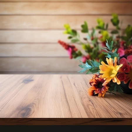 Generative AI : Bouquet of flower and empty rustic wooden table with copy space table empty with flower romantic top view vintage retro styleの素材