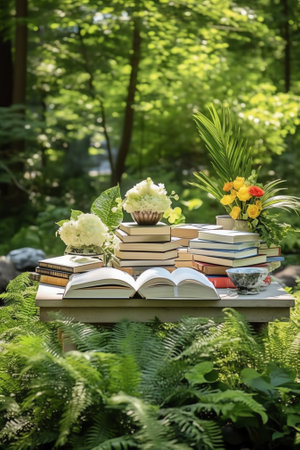 Generative AI : Bouquet of meadow flowers croissant cup of tea or coffee books on table in summer garden Rest in garden reading books breakfast vacations in nature concept Summertiの素材