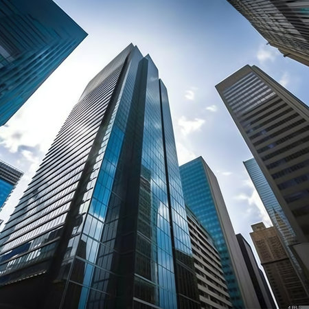 Generative AI : Bottom view of modern skyscrapers in business district against blue sky Looking up at business buildings in downtownの素材