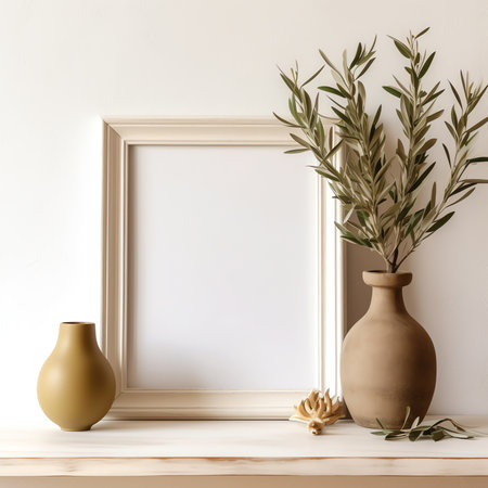 Generative AI : Breakfast still life Cup of coffee books and empty picture frame mockup on wooden desk table Vase with olive branches Elegant working space home office concept Scanの素材