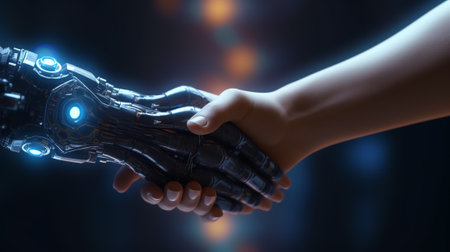 Generative AI : Business Human and Robot hands in handshake Artificial intelligence technology Design Conceptの素材