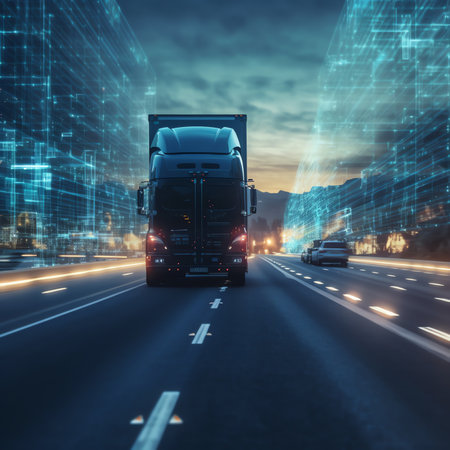 Generative AI : Business Logistics concept Truck of logistics network distribution and smart transportation and networking intelligent logistics of truck container cargo Logistic iの素材