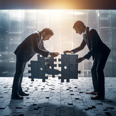 Generative AI : Business People with Jigsaw Puzzle Forming World Mapの素材