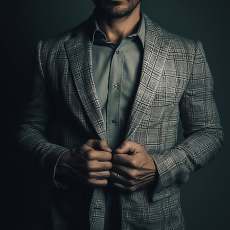 Generative AI : Business man fastens a button on blue tweed blazer with dark blue shirt hands closeupの素材