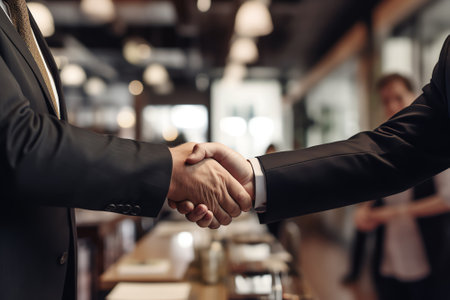 Generative AI : Business partnership handshake conceptPhoto two coworkers handshaking processSuccessful deal after great meeting in officeの素材