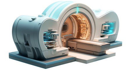 Generative AI : CT Scan Isolated on White Magnetic Resonance Imaging Machine Computerized Axial Tomography Scan Side View of MRI Scanner MRI Scans Xray Computed CAT Medical and Sciの素材