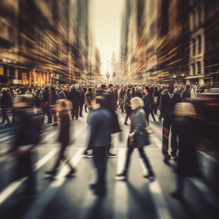 Generative AI : Business people at rush hour walking in the street in the style of motion blurの素材