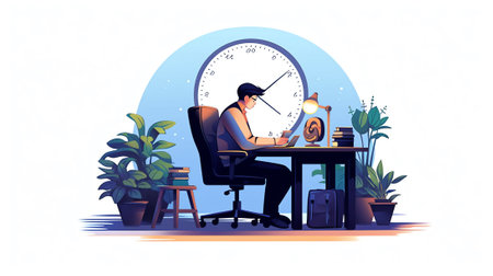 Generative AI : Business working times concept people work typing on laptop computer overlay with in time clock to lunch breakの素材