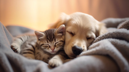Generative AI : Cat and dog sleeping together Kitten and puppy taking nap Home pets Animal care Love and friendship Domestic animalsの素材