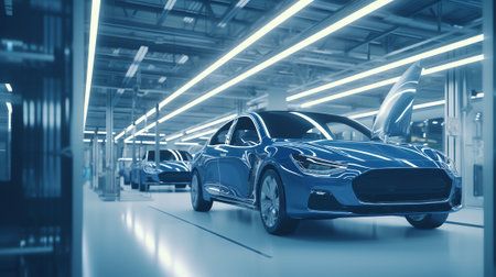 Generative AI : Car Factory Digitalization Industry 40 Concept Automated Robot Arm Assembly Line Manufacturing HighTech Green Energy Electric Vehicles AI Computer Vision Analyzingの素材