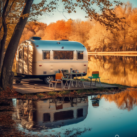 Generative AI : Caravans and camping on the lake Family vacation outdoors travel conceptの素材