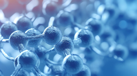Generative AI : Cell molecule concept Soap bubbles group macro representing abstract cell structure microscope view Blue science chemistry backgroundの素材