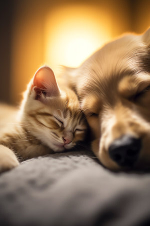 Generative AI : Cat and dog sleeping together Kitten and puppy taking nap Home pets Animal care Love and friendship Domestic animalsの素材