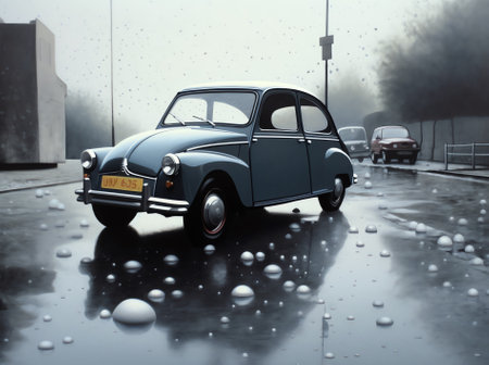 Generative AI : Car stops in the rainの素材