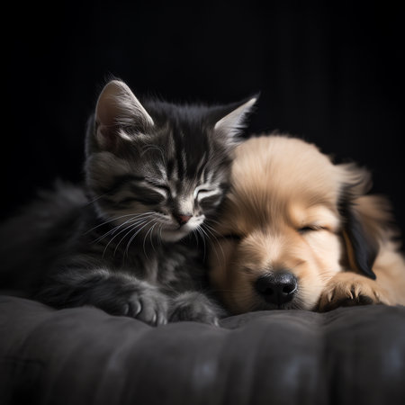 Generative AI : Cat and dog sleeping together Kitten and puppy taking nap Home pets Animal care Love and friendship Domestic animalsの素材