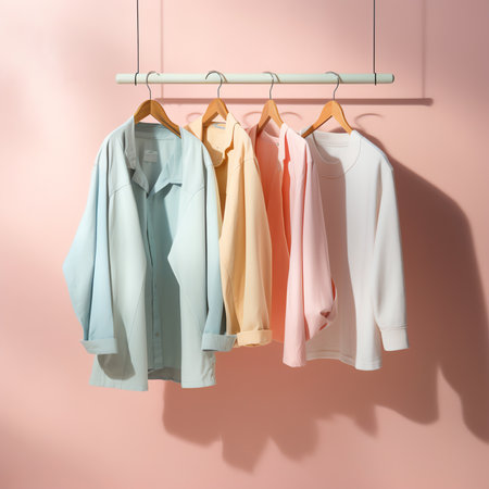 Generative AI : Children clothes on a rack on a light background Childrens clothing childrens storesの素材