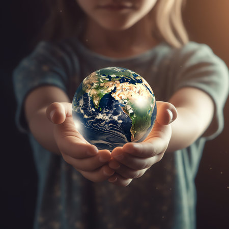 Generative AI : Child hands holding crystal earth globe and growing tree Earth Day banner with copy spaceEnvironment save clean planet ecology conceptの素材