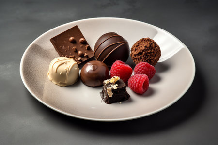 Generative AI : Chocolate Dessert Decadence Chocolate Cakes and BonBons Served on a Sweet Pink Plateの素材