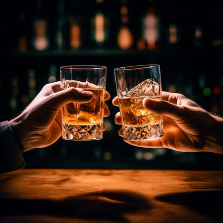 Generative AI : Cheers clinking of friends with bourbon whisky drink in party night after work on colorful backgroundの素材
