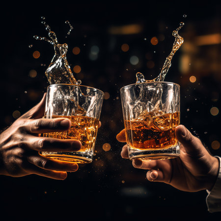 Generative AI : Cheers clinking of friends with bourbon whisky drink in party night after work on colorful backgroundの素材