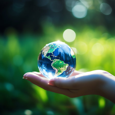 Generative AI : Child hands holding crystal earth globe and growing tree Earth Day banner with copy spaceEnvironment save clean planet ecology conceptの素材