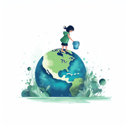 Generative AI : Child hands holding crystal earth globe and growing tree Earth Day banner with copy spaceEnvironment save clean planet ecology conceptの素材
