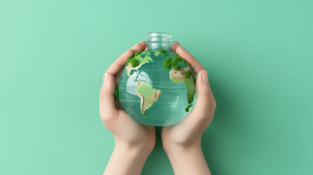 Generative AI : Child hands holding crystal earth globe and growing tree Earth Day banner with copy spaceEnvironment save clean planet ecology conceptの素材