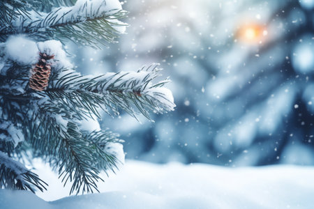 Generative AI : Christmas background with snowy fir branchesの素材