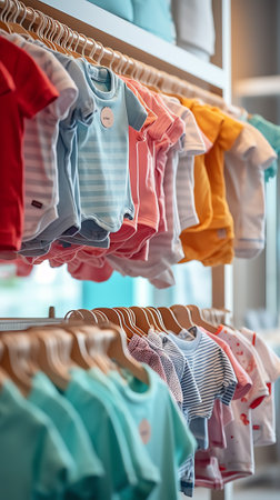 Generative AI : Children clothes on a rack on a light background Childrens clothing childrens storesの素材