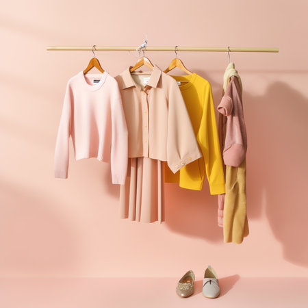 Generative AI : Children clothes on a rack on a light background Childrens clothing childrens storesの素材