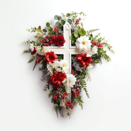 Generative AI : Christian cross with border of fresh cut branches with pink and white flower blossoms with copy space on a white wood backgroundの素材