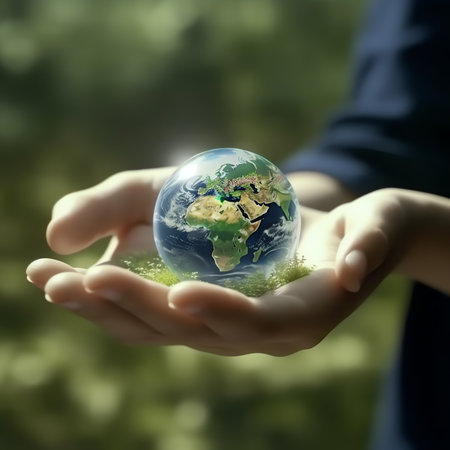 Generative AI : Child hands holding crystal earth globe and growing tree Earth Day banner with copy spaceEnvironment save clean planet ecology conceptの素材