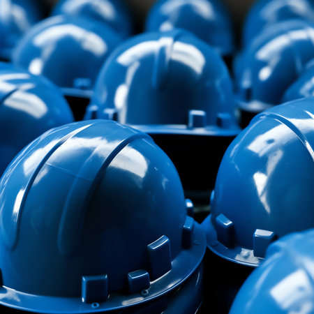 Generative AI : Close up Blue yellow white and red hard safety helmet hats for safety project of workman as engineering or project worker place on concrete floor city outdoorの素材