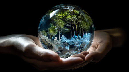 Generative AI : Child hands holding crystal earth globe and growing tree Earth Day banner with copy spaceEnvironment save clean planet ecology conceptの素材