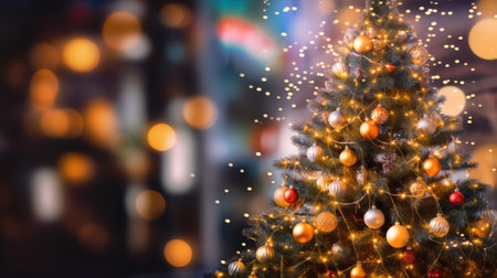 Generative AI : Christmas tree and lights at night in Kyiv People in blurred motionの素材