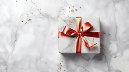 Generative AI : Christmas silver handmade gift boxes on white marble background top view Merry Christmas greeting card frame Winter xmas holiday theme Happy New Year Flat layの素材
