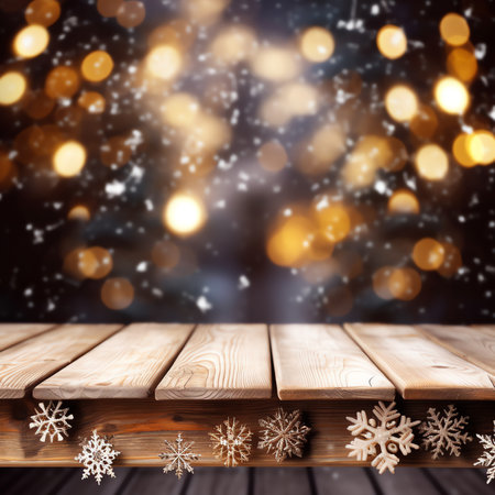 Generative AI : Christmas background with decorations and gift boxes on wooden boardの素材