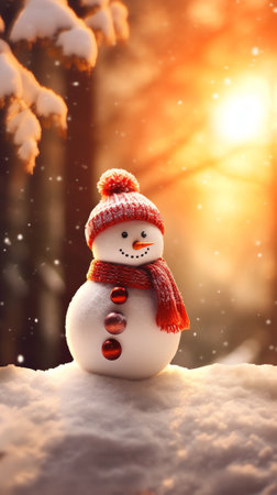 Generative AI : Christmas snowman in a warm scarf on the background of snowy landscape good mood during the winter holidaysの素材