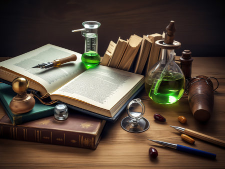 Generative AI : Classroom desk of chemistry teaching with books and instruments Chemical sciences education concept Horizontal composition Front viewの素材