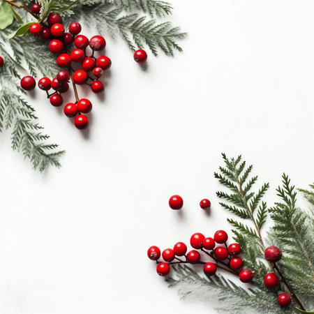 Generative AI : Christmas or winter composition Snowflakes and red berries on blue background Christmas winter new year concept Flat lay top view copy spaceの素材