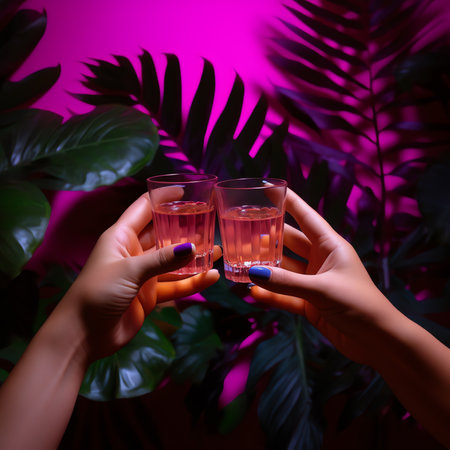 Generative AI : Cheers clinking of friends with bourbon whisky drink in party night after work on colorful backgroundの素材