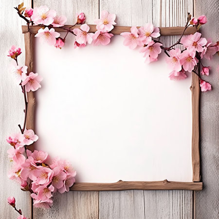 Generative AI : Christian cross with border of fresh cut branches with pink and white flower blossoms with copy space on a white wood backgroundの素材