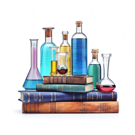 Generative AI : Classroom desk of chemistry teaching with books and instruments Chemical sciences education concept Horizontal composition Front viewの素材
