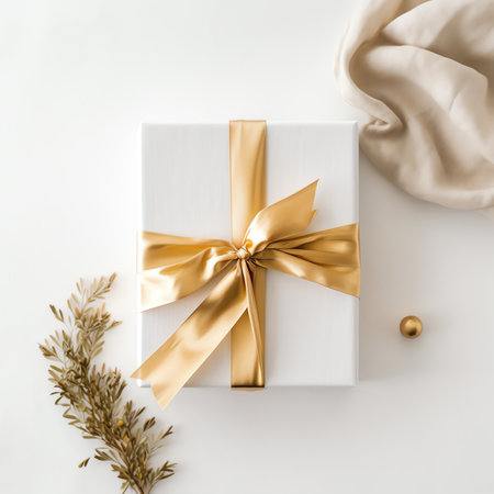 Generative AI : Christmas silver handmade gift boxes on white marble background top view Merry Christmas greeting card frame Winter xmas holiday theme Happy New Year Flat layの素材