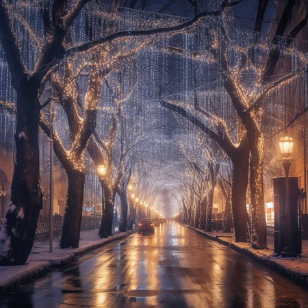 Generative AI : Christmas tree and lights at night in Kyiv People in blurred motionの素材