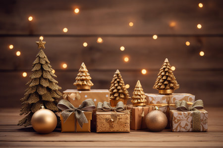 Generative AI : Christmas background with decorations and gift boxes on wooden boardの素材