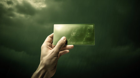 Generative AI : Close up female hand holds levitating template mockup Bank credit card with online service isolated on green backgroundの素材