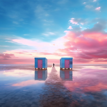Generative AI : Clear blue sunset sky with glowing pink clouds above the sea Symmetry reflections on the water natural mirror Breathtaking panoramic scenery Idyllic landscape Climaの素材