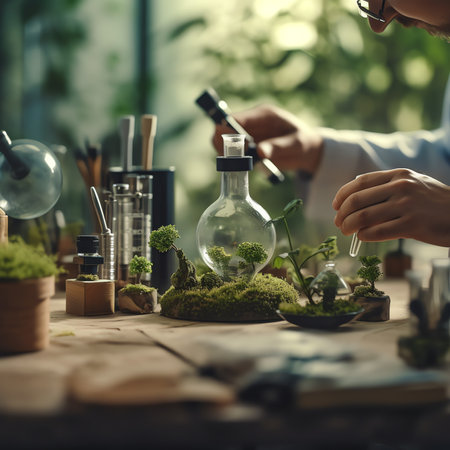 Generative AI : Close up of biologists hand with protective gloves holding young plant with root above microscope glass with soil Biotechnology plant care and protection conceptの素材