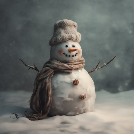 Generative AI : Christmas snowman in a warm scarf on the background of snowy landscape good mood during the winter holidaysの素材